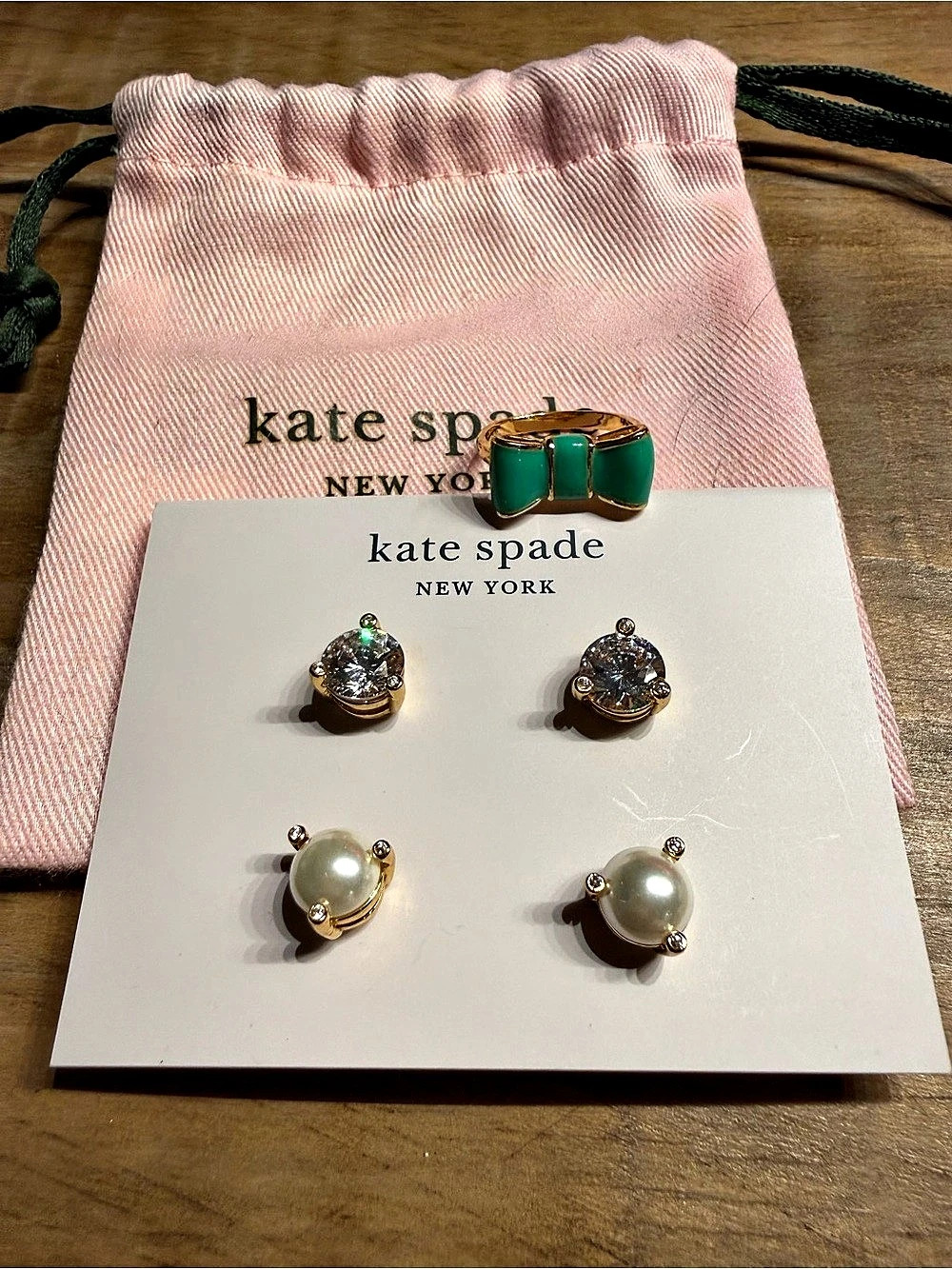 Kate Spade Rise & Shine Earrings + Green Bow Ring Size 7